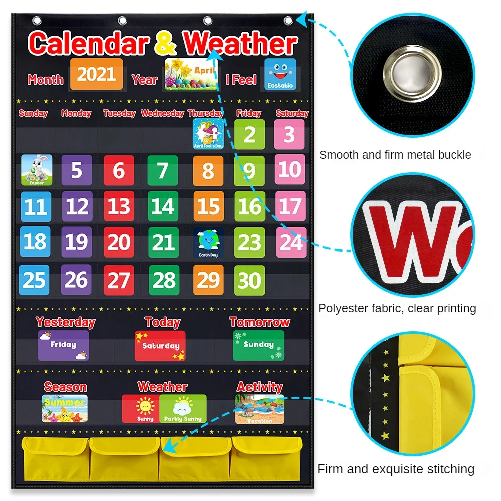 Calendar And Weather Pockets Chart Season Date Months Year Day For Chiledren Kids Early With 114 Cards School Supplies