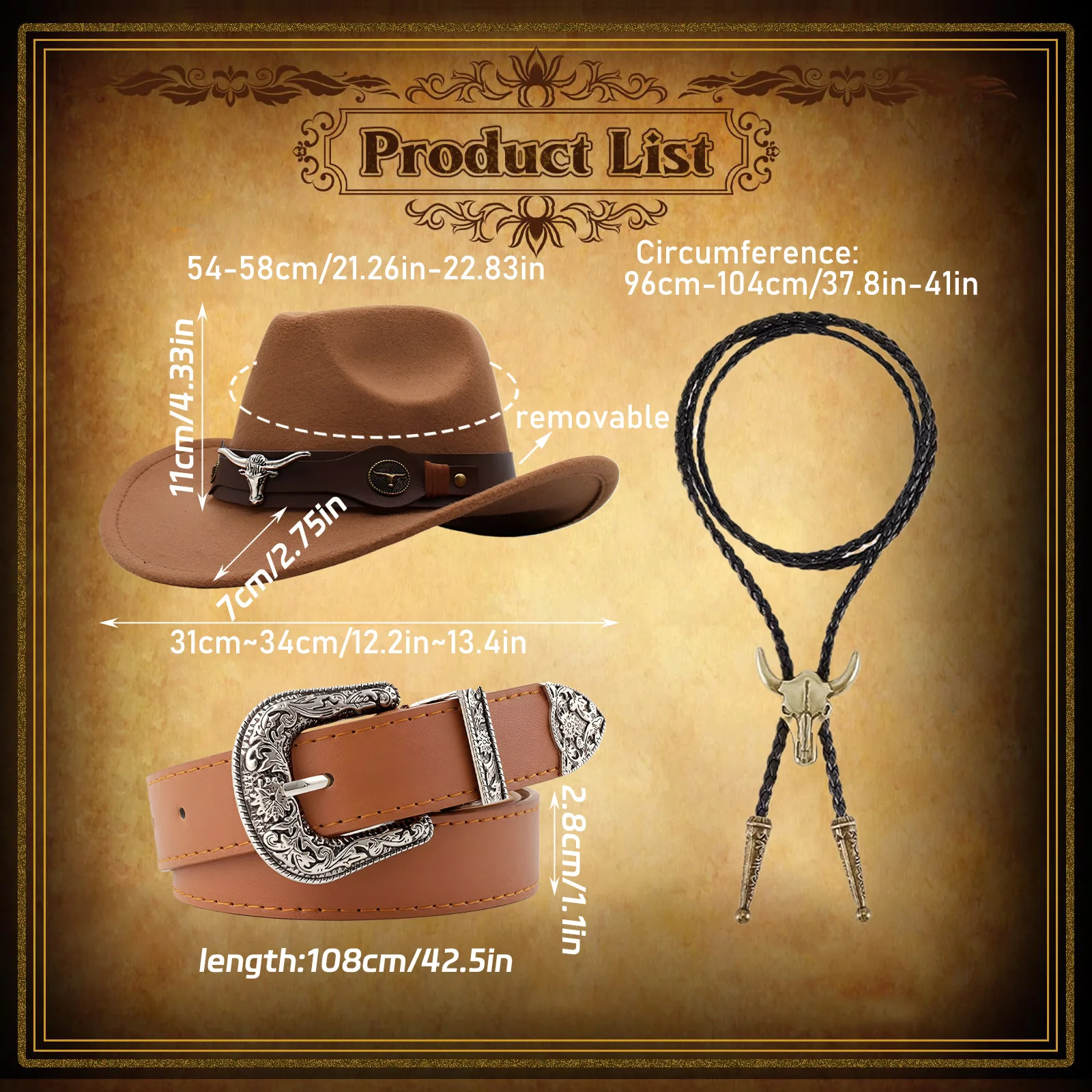 Chapéu de cowboy ocidental colar cinto chapéu de feltro tibetano estilo étnico masculino feminino conjunto de acessórios para adulto