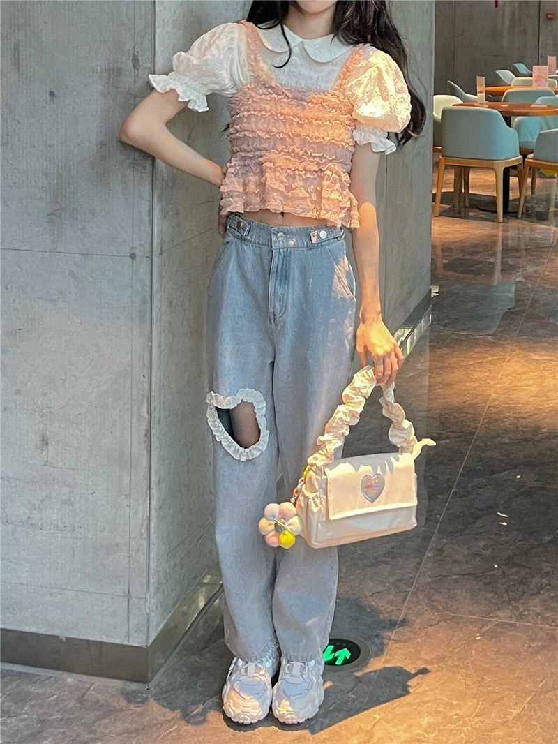 All-match fashion kawaii denim blue loose wide-leg women\'s jeans high waist heart chain summer thin casual cute casual