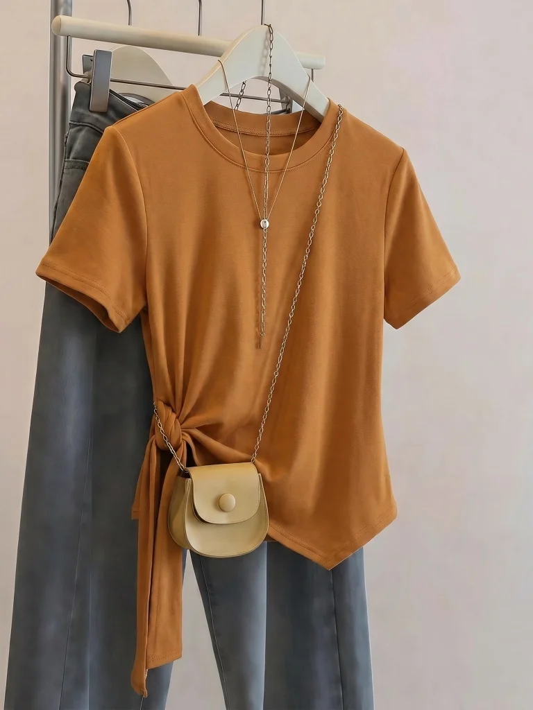 Orange Pumpkin Short Sleeve T-Shirt Women's Summer New plus Size Loose Fit Belted Waist Slimming Top Korean Style Commute