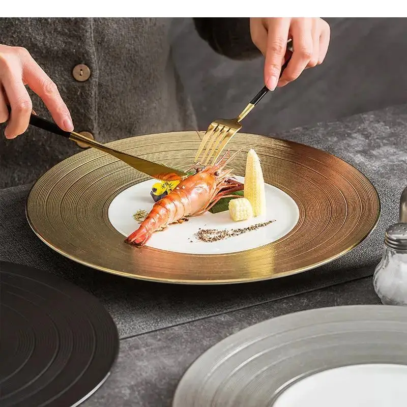 

Gilded Ceramic Dinner Plate Restaurant Steak Snack Dessert Plates Flat Pasta Household Tableware