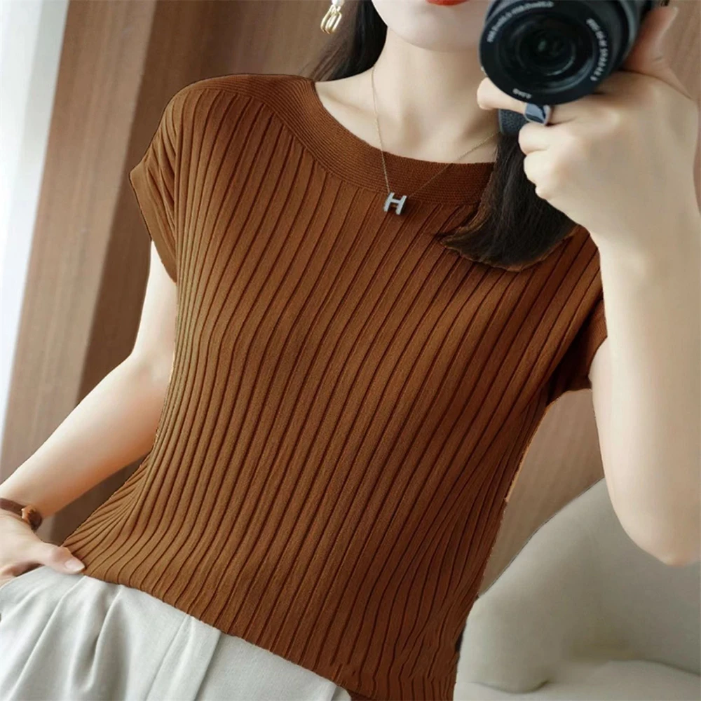 2024 New One Word Neck Ice Silk Knitted Short Sleeve Women\'s Summer Thin Wear Versatile T-shirt Top Loose Half Sleeve