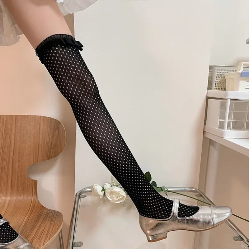 Bowknot Cute Thigh High Socks Stockings Y2k Girls Lace Mesh Fishnet Stockings Women JK Lolita Kawaii Thigh High Stocking 3D Sexy