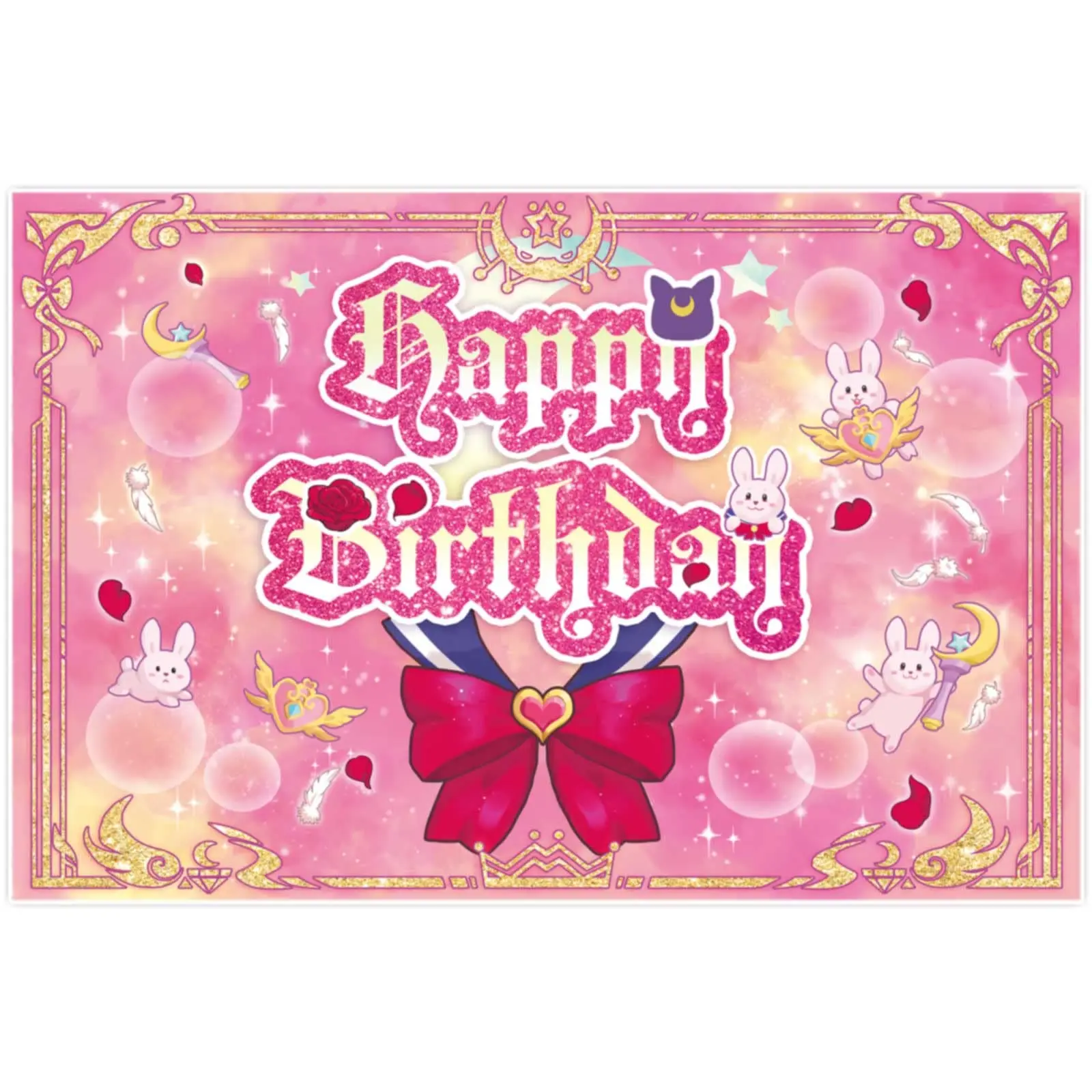 Happy Birthday Backdrop for Girl Japanese Anime Moon Banner Manga Glitter Pink Princess Party Decor Cute Kawaii Bunny Background