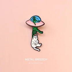 Crazy Alien UFO Enamel Pins Aliens catching cats Universe UFO Cosmic Airship White cat Badges Metal Lapel Pins for Kid's Jewelry