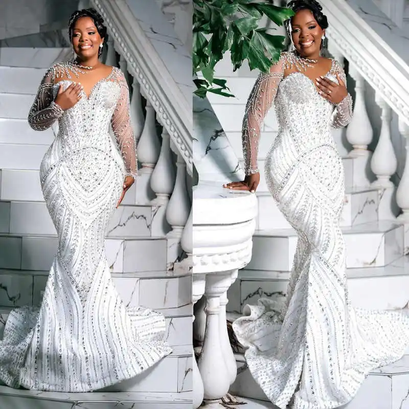 Hand Made Crystal Wedding Dresses For Women Mermaid Sheer O Neck Beads Long Sleeve Bridal Gowns Vestido Customized Illusion