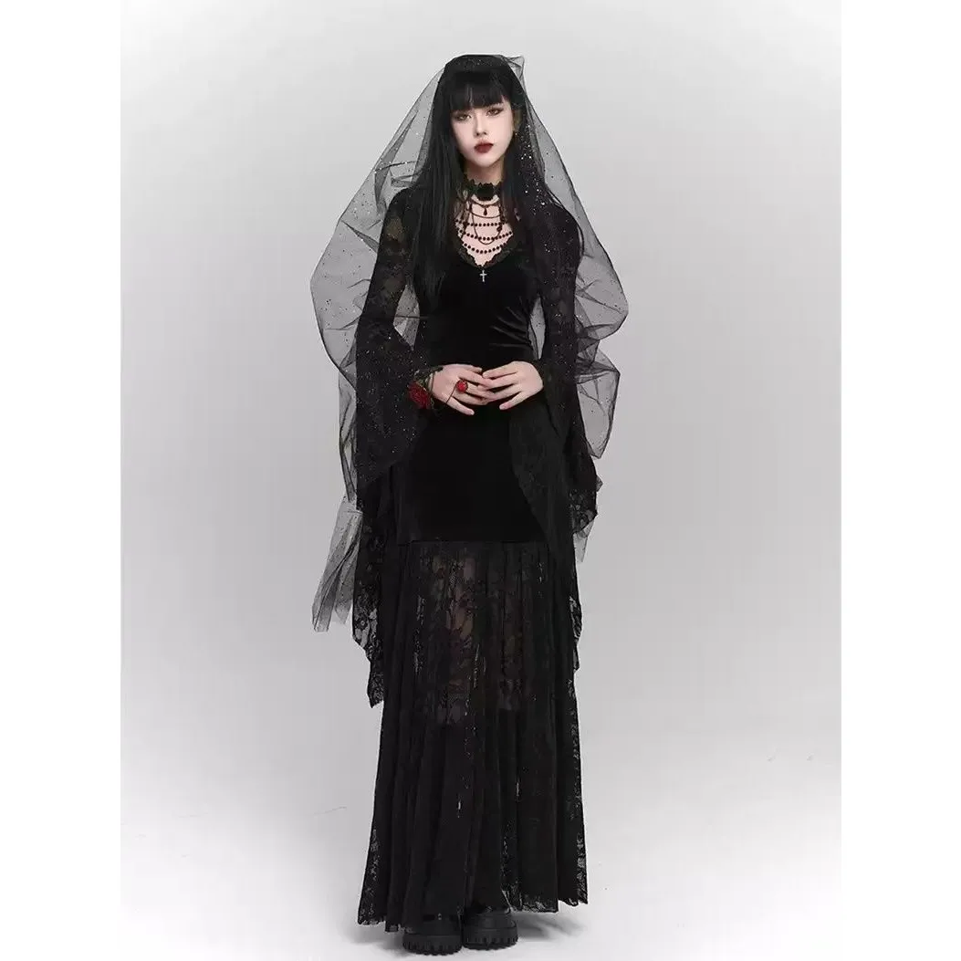 Gothic k Sle Women's Dr loween Costume Retro Skirt Long Sve Neutral Other Material 00% Summer Collection
