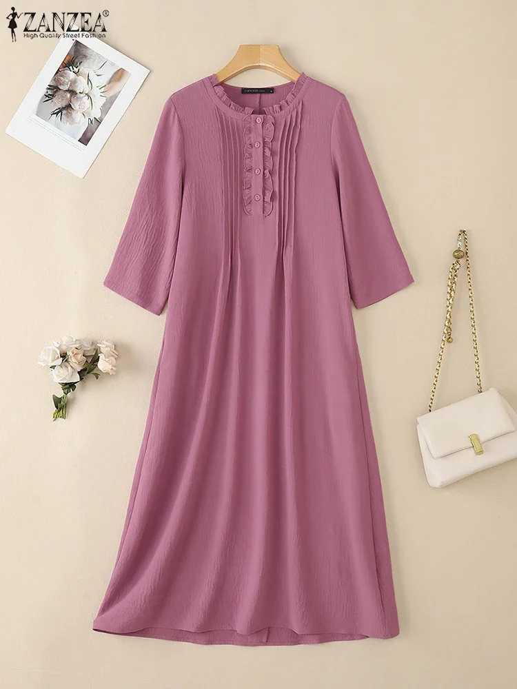 Zanzea vintage feminino camisa longa vestidos moda cor sólida midi vestido de verão 2025 botões casual solto manga 3/4 vestidos elegantes