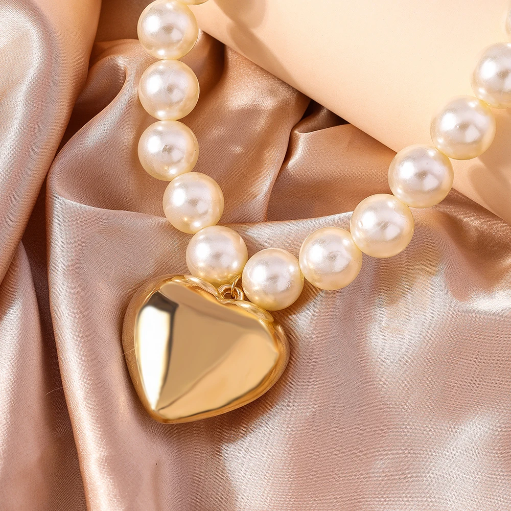 Aihua Übertriebene Imitation Perle Perlen Halskette für Frauen CCB Große Herz Anhänger Choker Halskette Schmuck Auf Den Hals Kragen – Detail 5