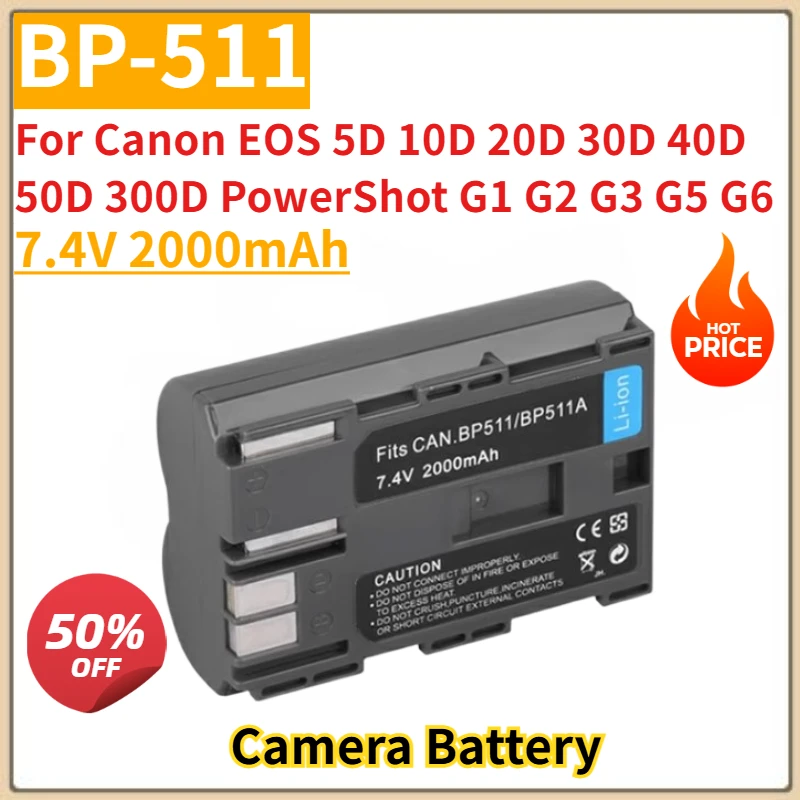 

New Replacement Camera Battery 7.4V 2000mAh BP-511 for Canon EOS 5D 10D 20D 30D 40D 50D 300D PowerShot G1 G2 G3 G5 G6