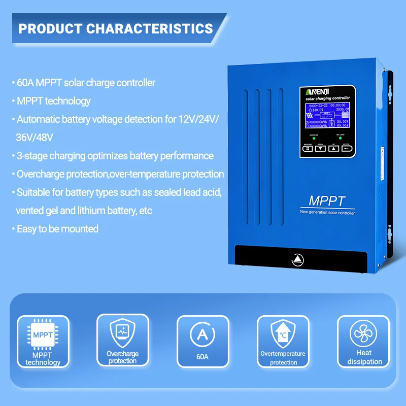 ANENJI MPPT 100A 80A 60A Solar Charger Controller 12V 24V 36V 48V Auto Lifepo4 Battery Charger Solar Panel Regulator Max PV Input 160VDC view 2