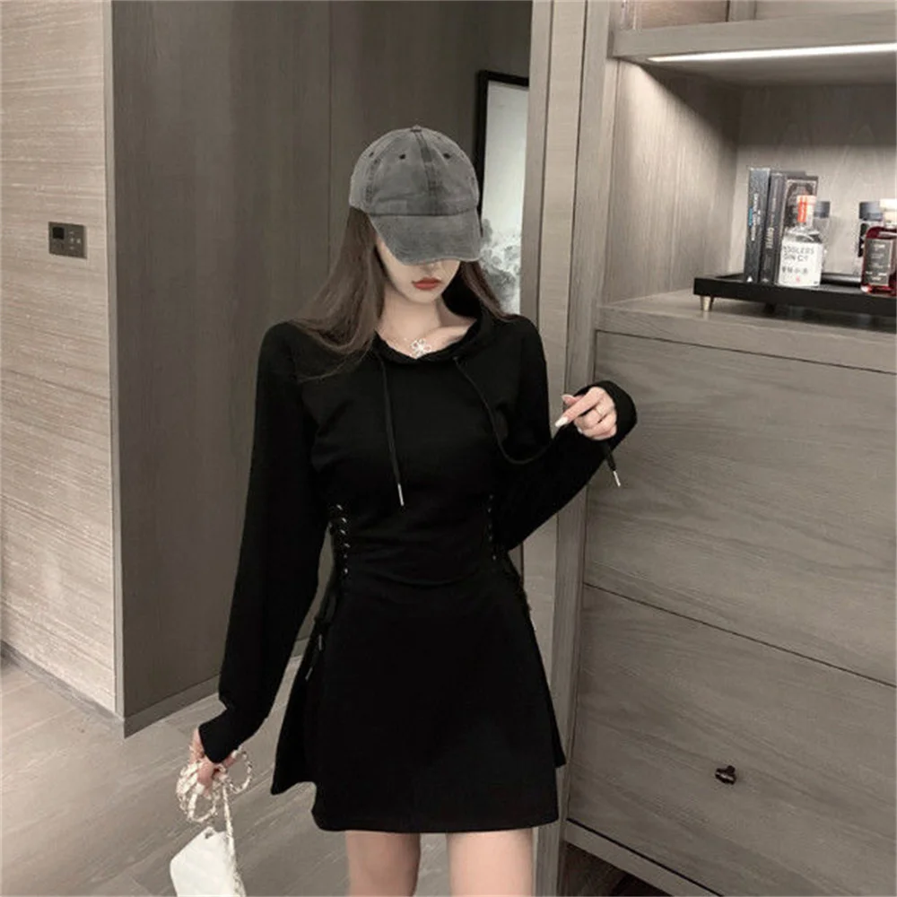 Streetwear Mini Dress Spring Autumn Korean High Waist Lace Up Slim Vestidos Women Harajuku Hooded Bandage A Line Dresses