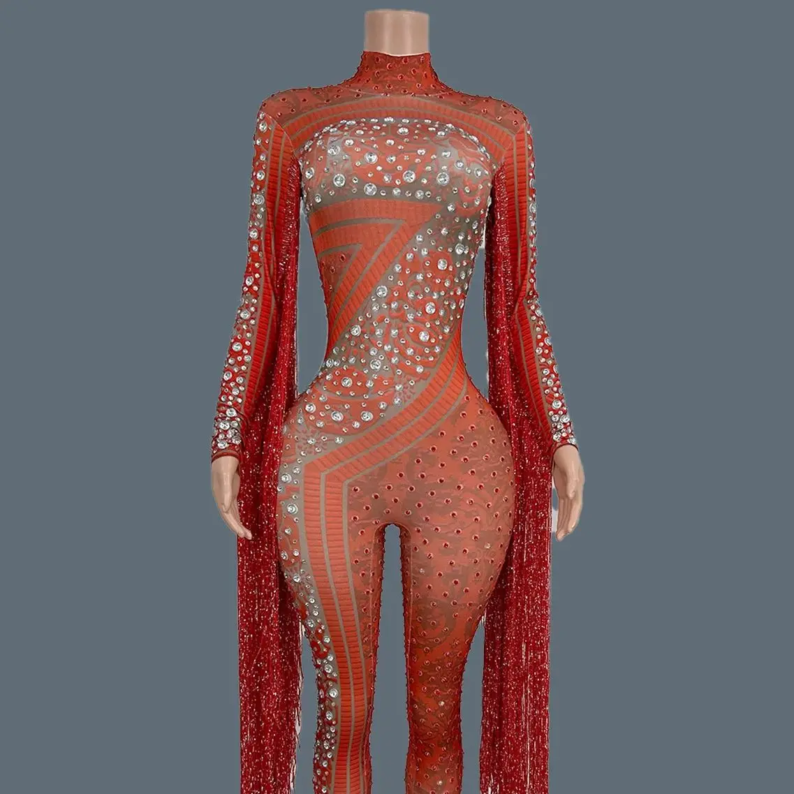 Night Club Party Stage Performance Outfit Rhinestone Bodycon Tassel Long Sleeved Sexy Jumpsuit Spandex Elastic Jumpsuit Guoqing