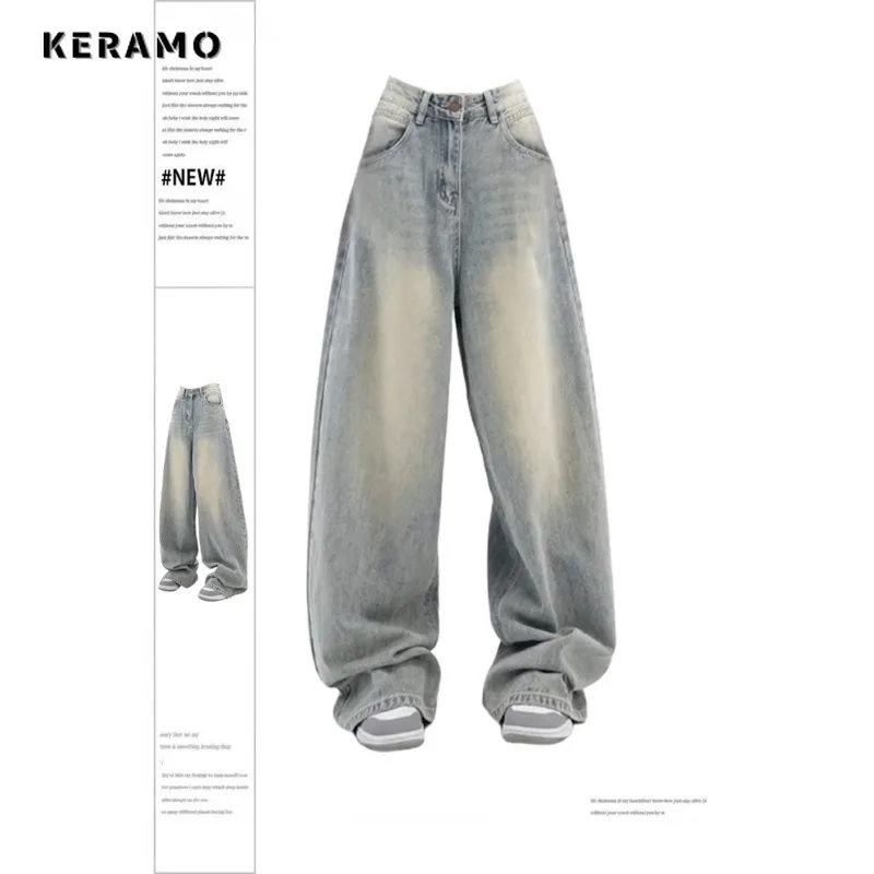 

2024 Spring Women's Casual Style Harajuku Jeans Vintage High Waist Loose Blue Pants Y2K Wide Leg Punk Baggy Denim Trouser