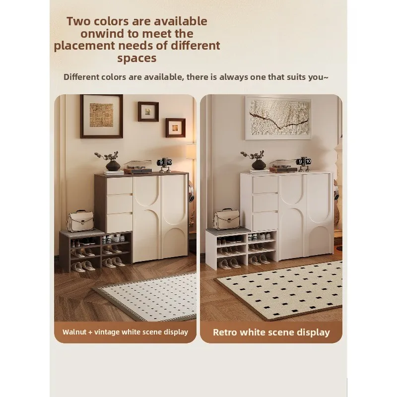 Cream wind shoe changing cabinet Entry door locker New family entrance cabinet Integrated with stool