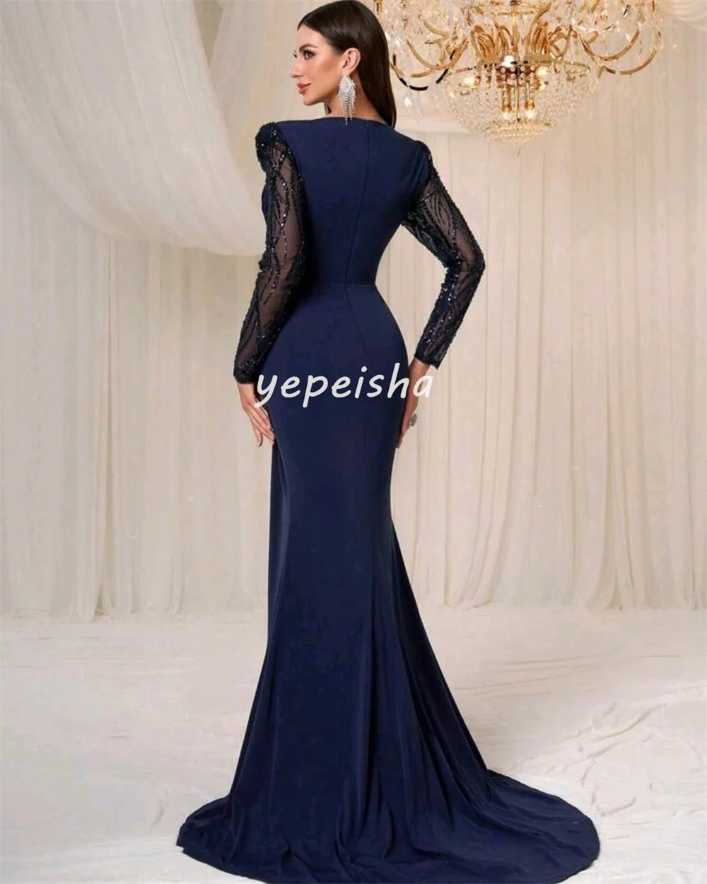 Personalizado sexy combinando chiffon plissado drapeado miçangas lantejoulas sereia com decote em v vestidos longos sob medida vestidos de ocasião de alta qualidade