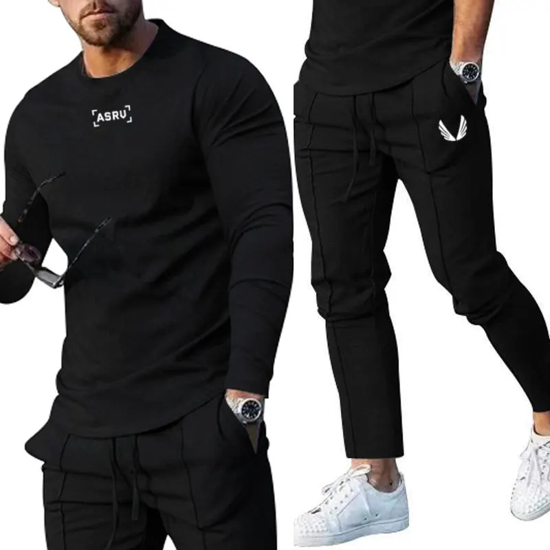 2024New Men\'s Clothing Gym Activewear American Fashion Brand Long Sleeve T-shirt And Pants Two Sets Of Fitness Training Clothing