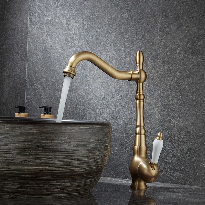 Antique Brass Basin Faucet 360 Degree Turn Bathroom Basin Faucet Cold And Hot Water Mixer Tap Single Handle Bathroom Sink Tap