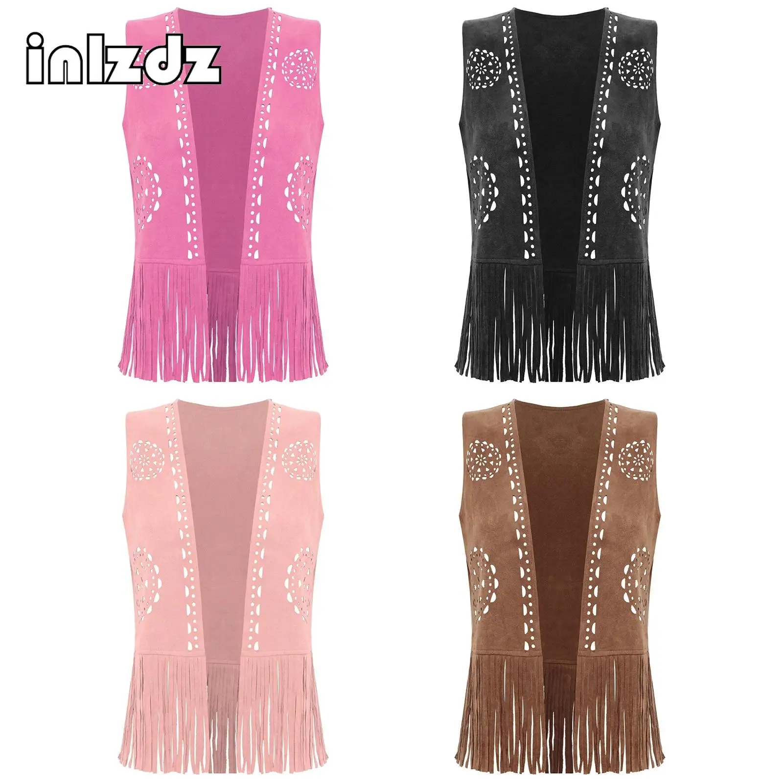

Womens Western Cowgirl Fringe Vest 70s Disco Hippy Dance Top Vintage Hollow Out Tassel Open Front Tank Tops Faux Suede Waistcoat