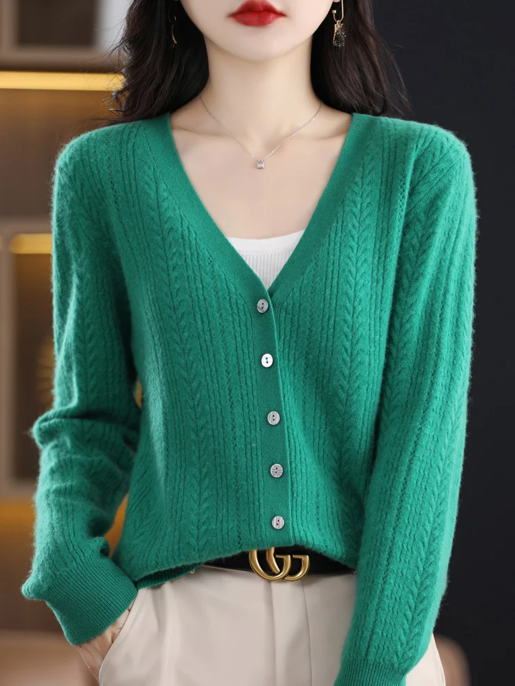 

New Women's Cardigan Autumn Winter V-Neck Sweater 100% Merino Wool Solid Basic Cashmere Knitted Long Sleeve Female Clothing Top