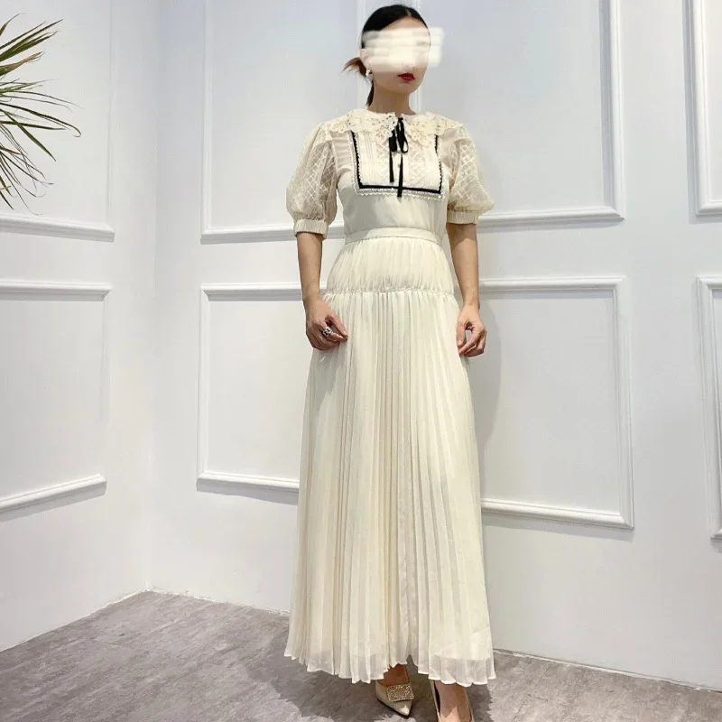 Top Quality 2022 New Summer  French Style Retro Lace Patchwork Beige Shutter Hem Midi Dress for Women