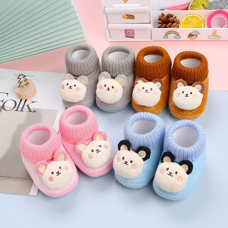 Winter Warm Baby Plush Shoes Anti-Slip Newborn First Walkers Boy Girl Thermal Footwear Cute Bear Crib Shoes Soft Soled Snow Boot