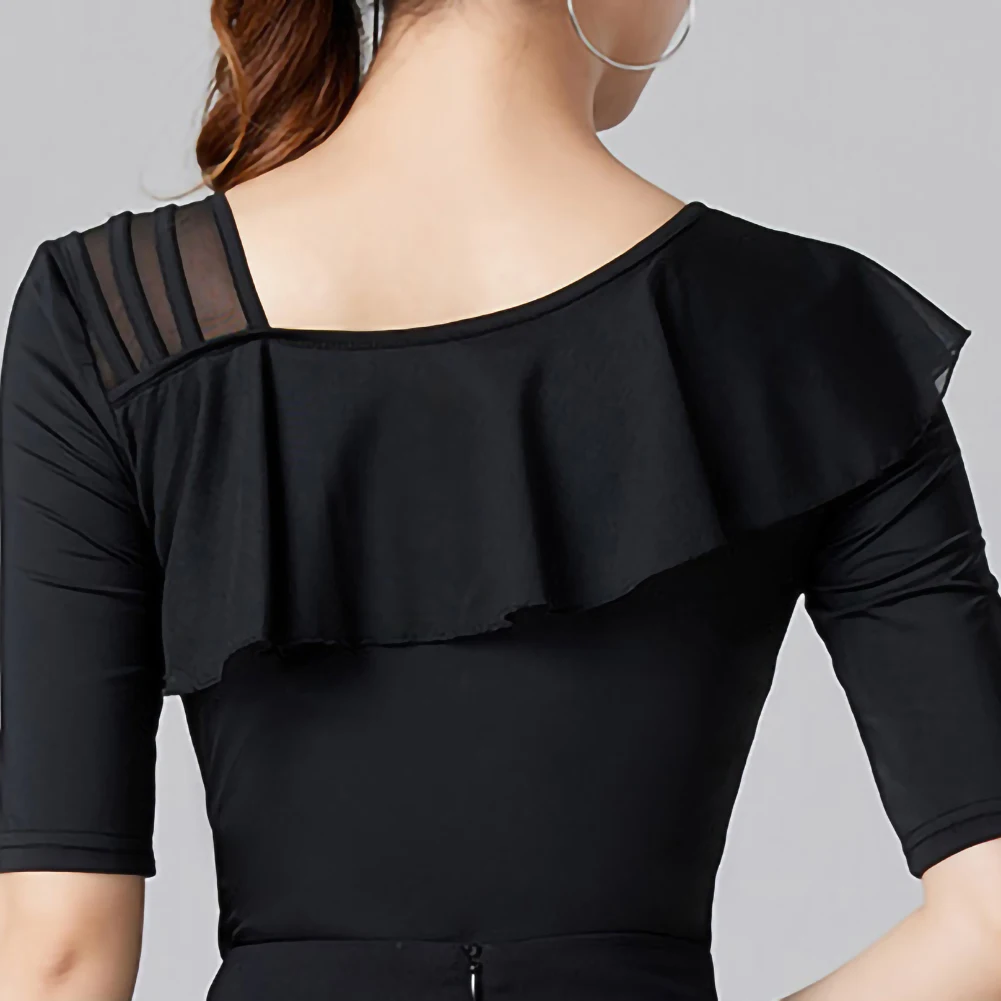 新しいラテンレッド女性のトップブラックサンバ半袖蓮の葉襟シャツ新しいパフォーマンス練習服