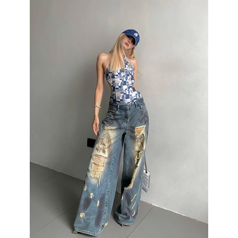 Women Ripped Blue Y2k Jeans Harajuku Streetwear Denim Trousers Aesthetic Jean Pants Vintage Japanese 2000s Style Trashy Clothes