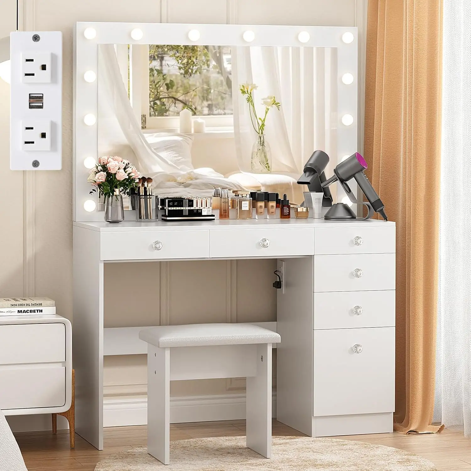 

Vanity with Lights - 43" Desk with Power Outlet, 5 Drawers and 1 Cabinet, 3 Color Lighting Modes with Adjustable Brightness