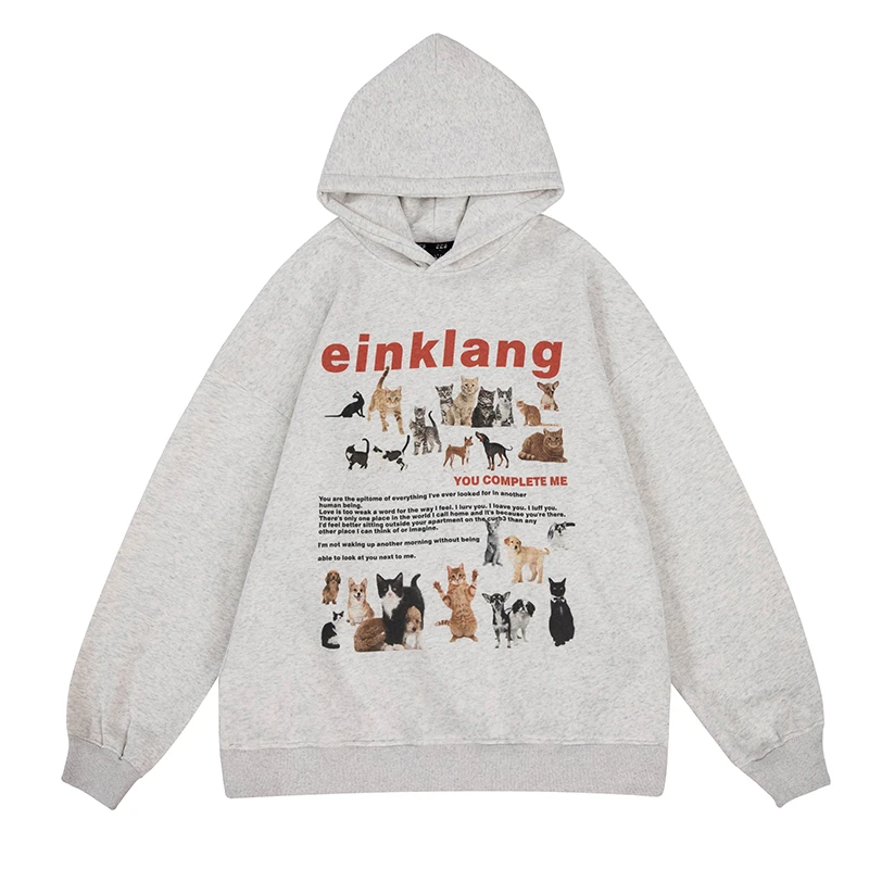 Hooded Sweater Couple's Pure Cotton Retro American Cats Cartoon Printed Gray Fashion Loose Casual CoatTop Spring and Autumn Warm