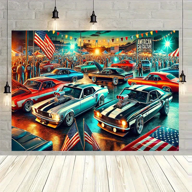 American Muscle Cars Tapestry Vintage Classic Auto Show Wall Hanging Retro USA Flag Decor for Man Cave Garage Bedroom Background