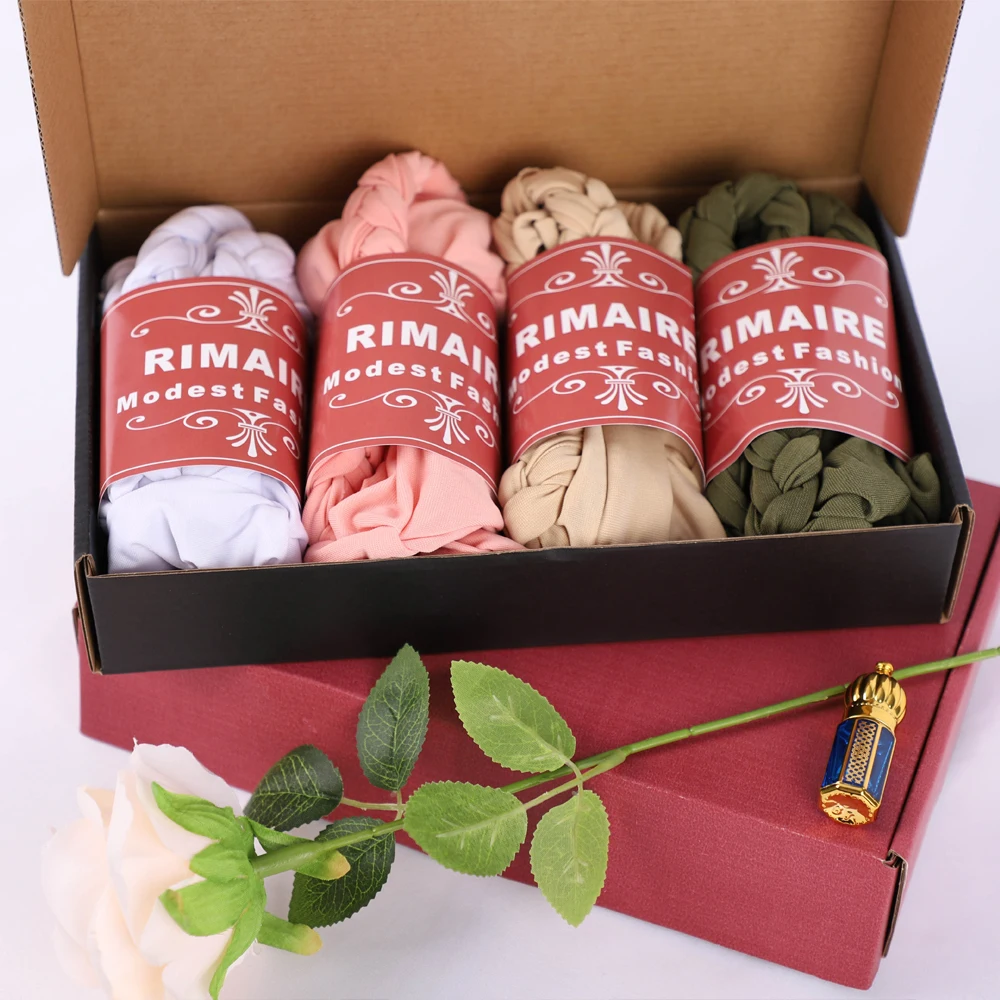 Muslim Women's 4Pcs Double-braid Hijab Hats Box Set Designer Turban Inner Caps Classic Ladies Hair Cover Hat Gift Party RIMAIRE