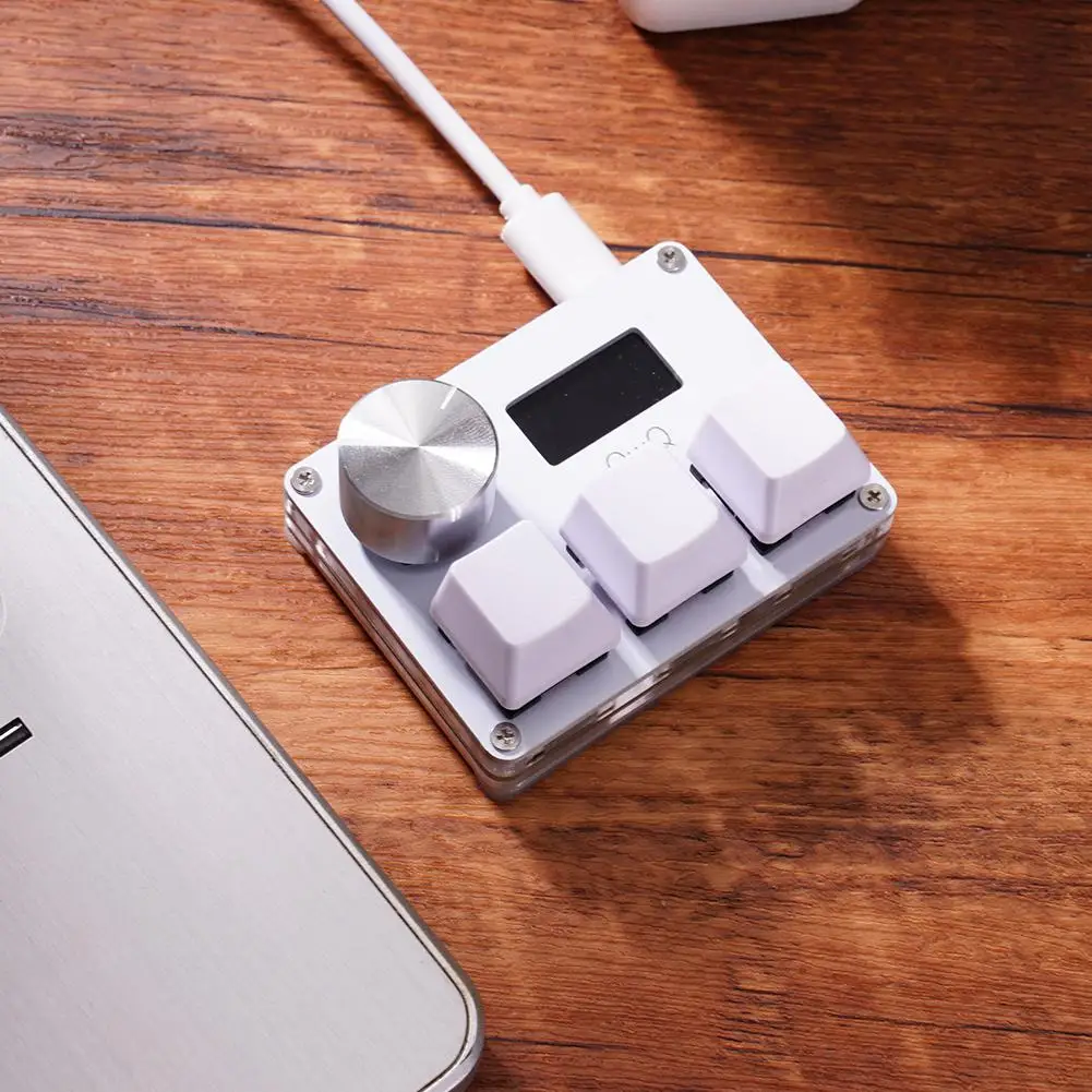 แป้นพิมพ์เล่นเกม3ปุ่ม USB สีขาวขนาดเล็ก3ปุ่มแป้นปุ่มกด Osu แบบ hotswap มือเดียวคีย์บอร์ดเล่นเกมเชิงกลการตั้งโปรแกรมด้วยปุ่มและหน้าจอ