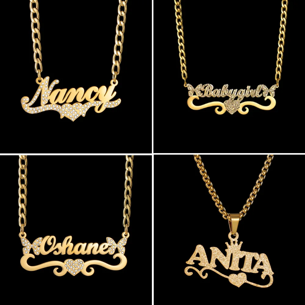 

Diamon New Fashion Personalized Name Necklace Stainless Steel Zircon Frosted Nameplate Thick Cuban Chain for Women Jewelry Gift
