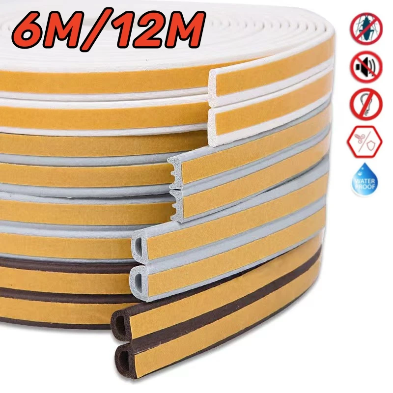 6M/12M Door Window Seal Strip DIEP Self-adhesive Acoustic Foam Sealing Strip Tape Insulation Windproof Rubber Weatherstrip