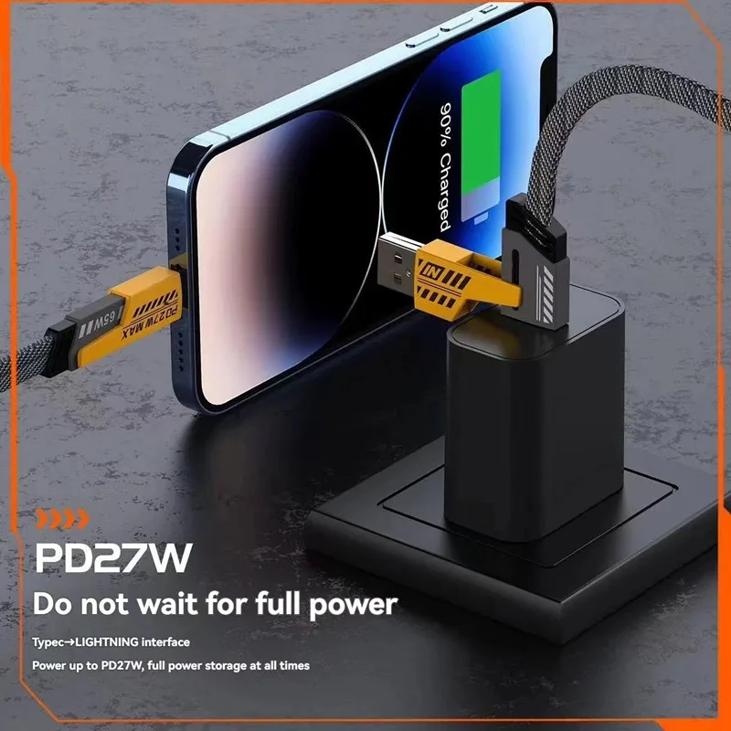 2024 جديد Mecha MFi أربعة في واحد 6A كابل بيانات شحن سريع أصفر وأسود مضفر مزدوج Typec كابل شحن اثنين إلى اثنين