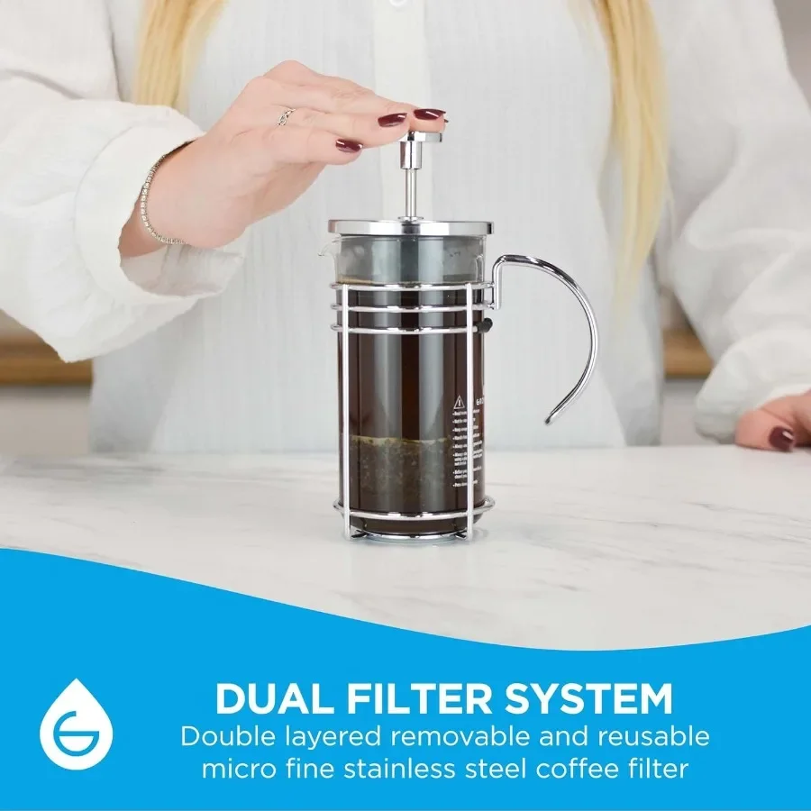 マドリッド フレンチプレス プレミアムコーヒー＆ティーメーカー 1.0L 34オンス ホウケイ酸ガラスビーカー デュアルフィルターシステム 濃厚な抽出 多用途
