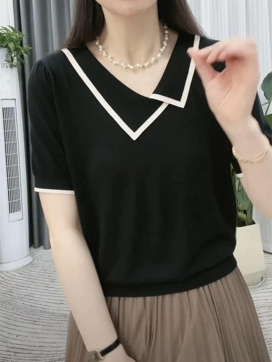 

Slimming Loose Fit Ice Silk ort Sve T-irt Women's Summer Thin Design Anti-Aging Top Korean Sle Commute Faion