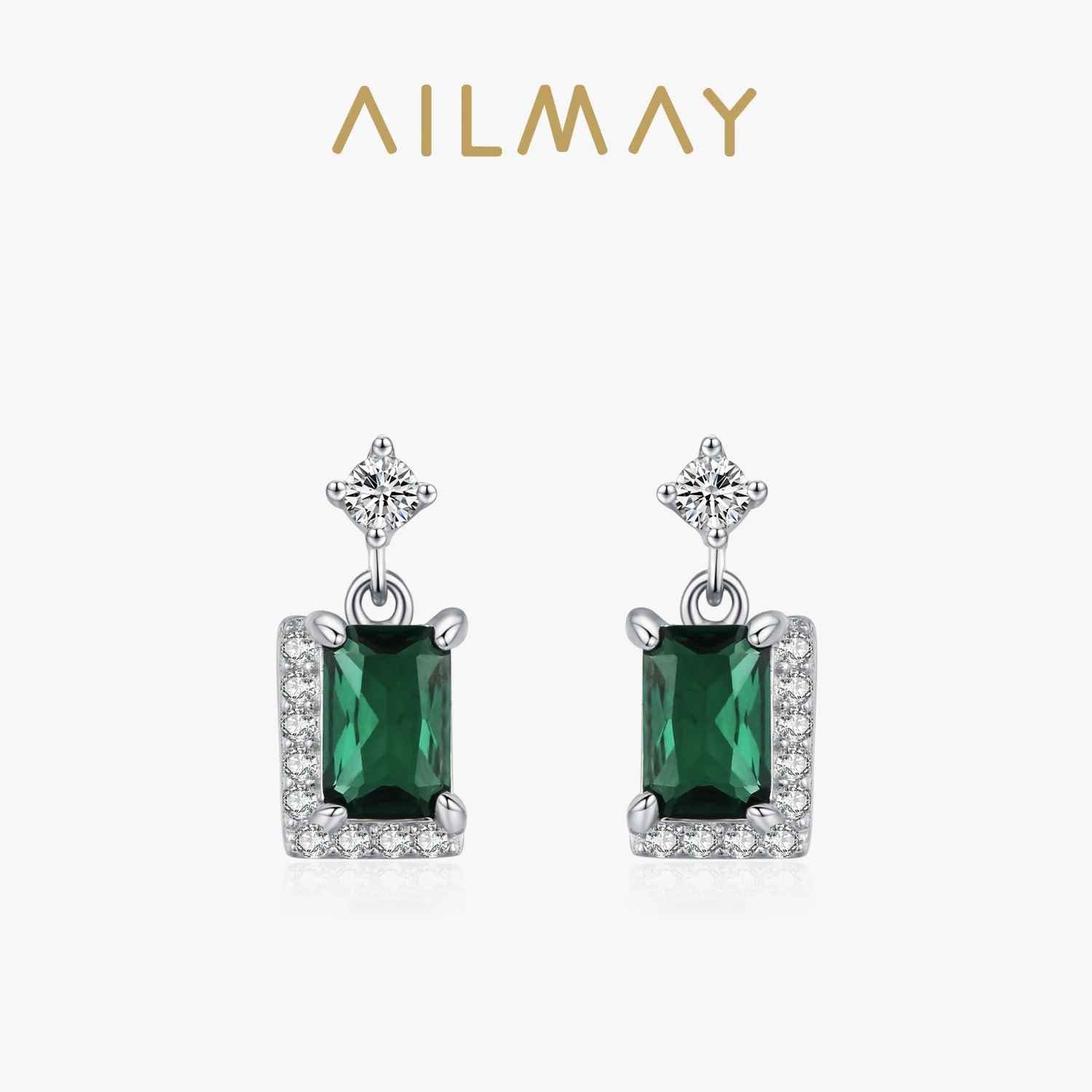 Ailmay 925 srebro moda zielona cyrkonia kwadratowe kolczyki dla kobiet zaręczyny dla nowożeńców biżuteria ślubna elegancki prezent