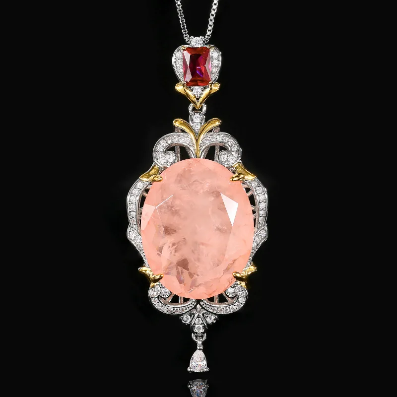 

Vintage Large Oval Gemstone Pendant Necklace for Women Pink Blue Rose Quartz Statement Necklace Retro Fashion Jewelry Gift