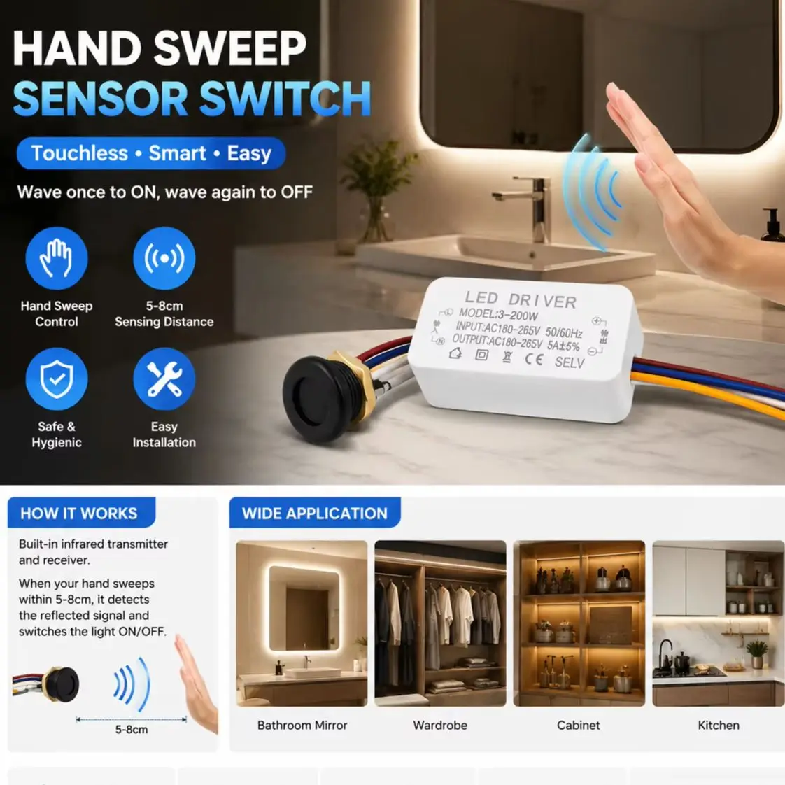

Human Body Induction Switch 220V Hand Swipe Induction Switch Contactless Hand Swipe Switch for Cabinets