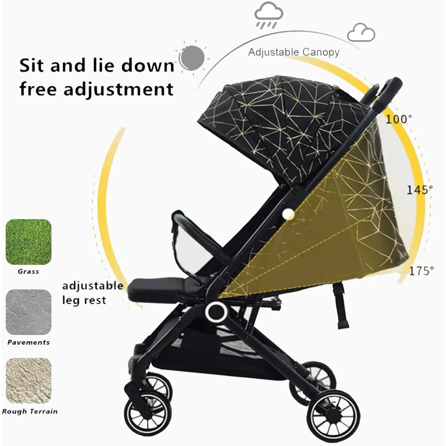 Lightweight Baby Stroller with Large Canopy Double Brake Travel Stroller for Airplane One-hand Folding Stroller Sit and Lying