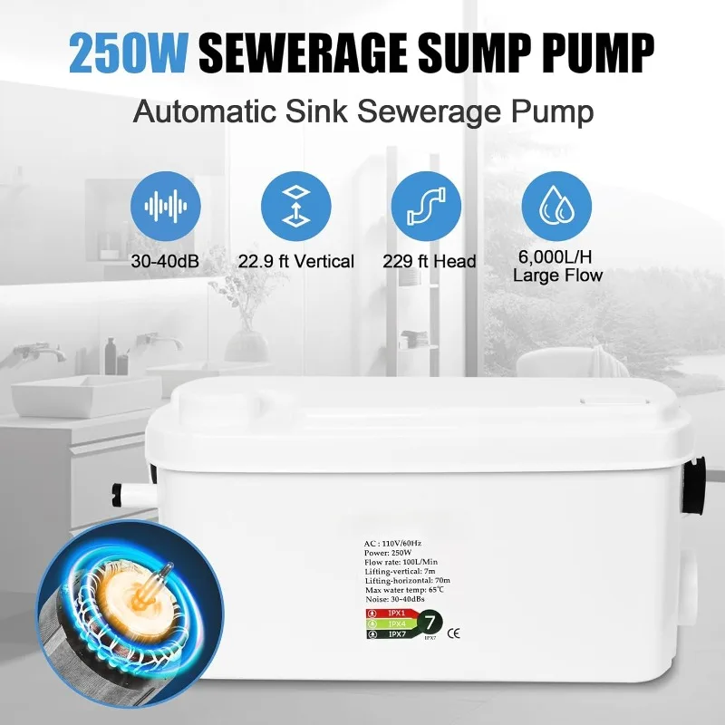 home.Macerator Pump Sink Sewerage Pump, 250W Sewerage Sump, Kitchen Sink Pump Shower Bathtub Laundry, Sewage Treatment Pump