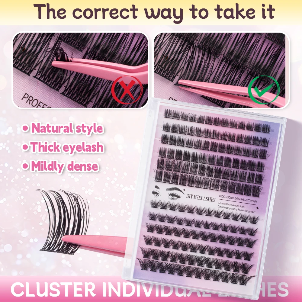Kit estensione ciglia fai-da-te, cluster C-Warp 150 pezzi steli sottili, pennello mascara super fisso incollaggio e colla per ciglia sigillata e pinzette