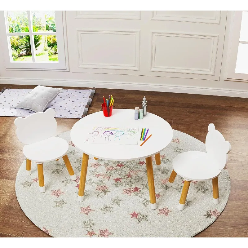 Kids Wood Table and Chair Set, Kids Play Table with 2 Chairs,3 Pieces Kids Round Table