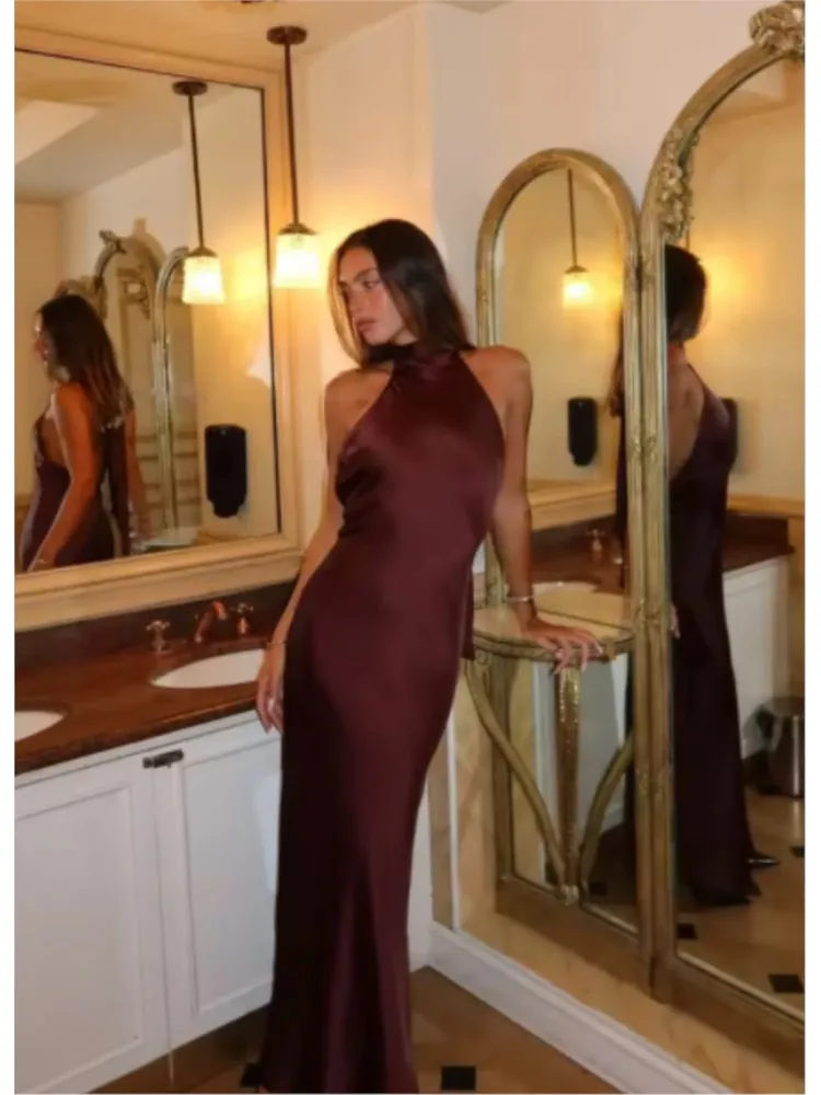 Vestido largo elegante de satén de Color liso con cuello Halter y cordones, vestido Sexy con hombros descubiertos y espalda descubierta, vestidos ajustados sin mangas, bata de fiesta para señora nueva