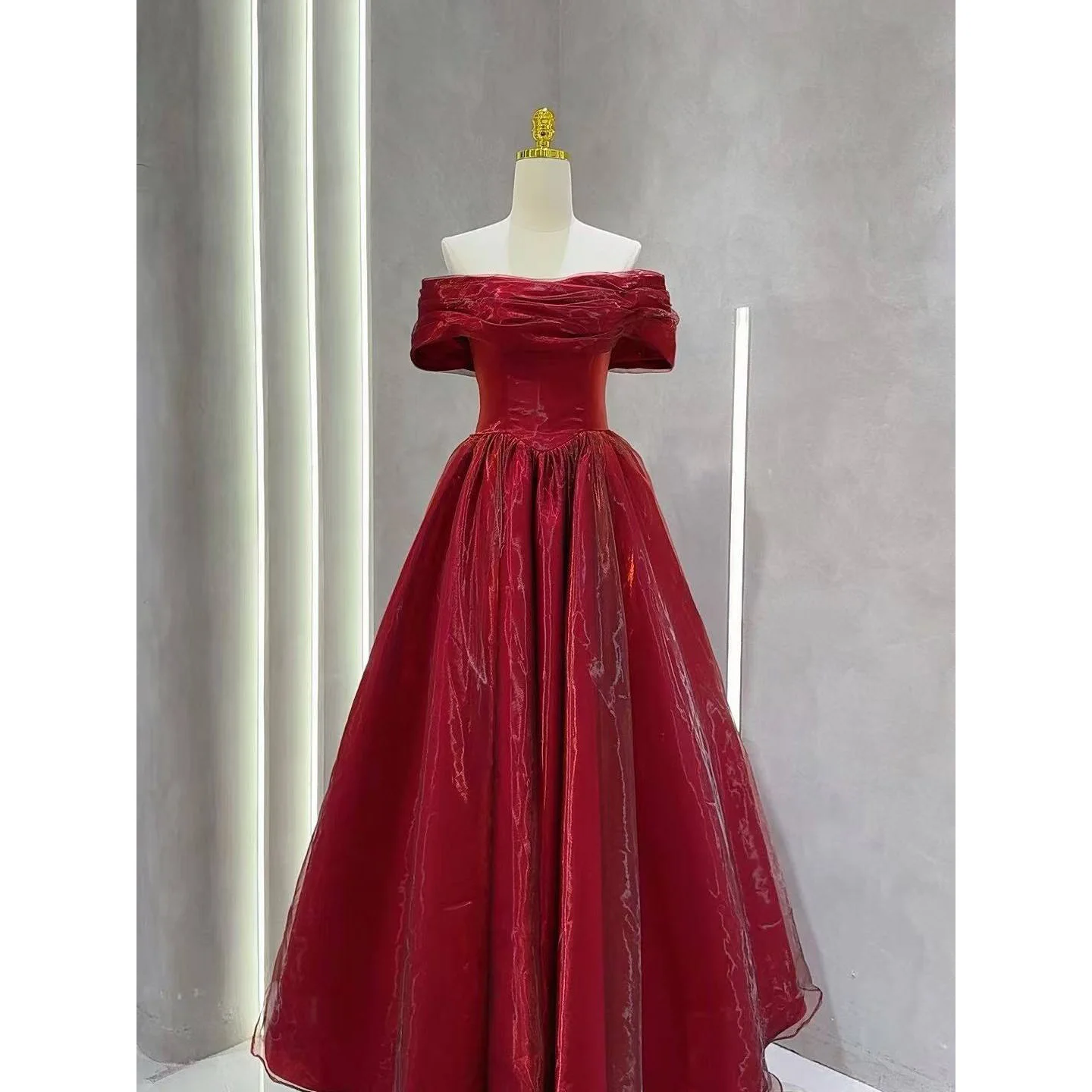 

L&P DQL Studio Evening Dress Dark Red Long Prom Gowns Strapless Lace-up Back Party Dress