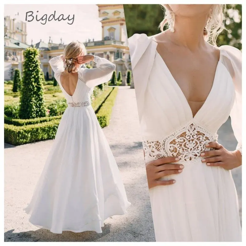 Elegant A-Line Wedding Dress Women 2025 V-Neck Long Puff Sleeve Lace Open Back Bridal Gown Chiffon Vestidos De Novia Customized