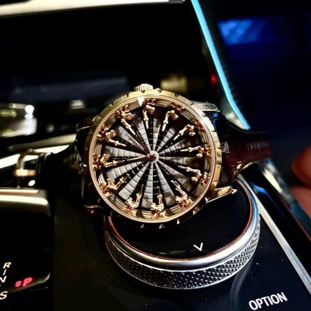 

New Rose Gold Radiating Dial Three-Dimensional Figurine Wristwatch for Men with Leather Strap, Quartz Watch, Niche Design Trendy Watch, High-Value Stylish Men's Watch, Top Choice for Gift Giving