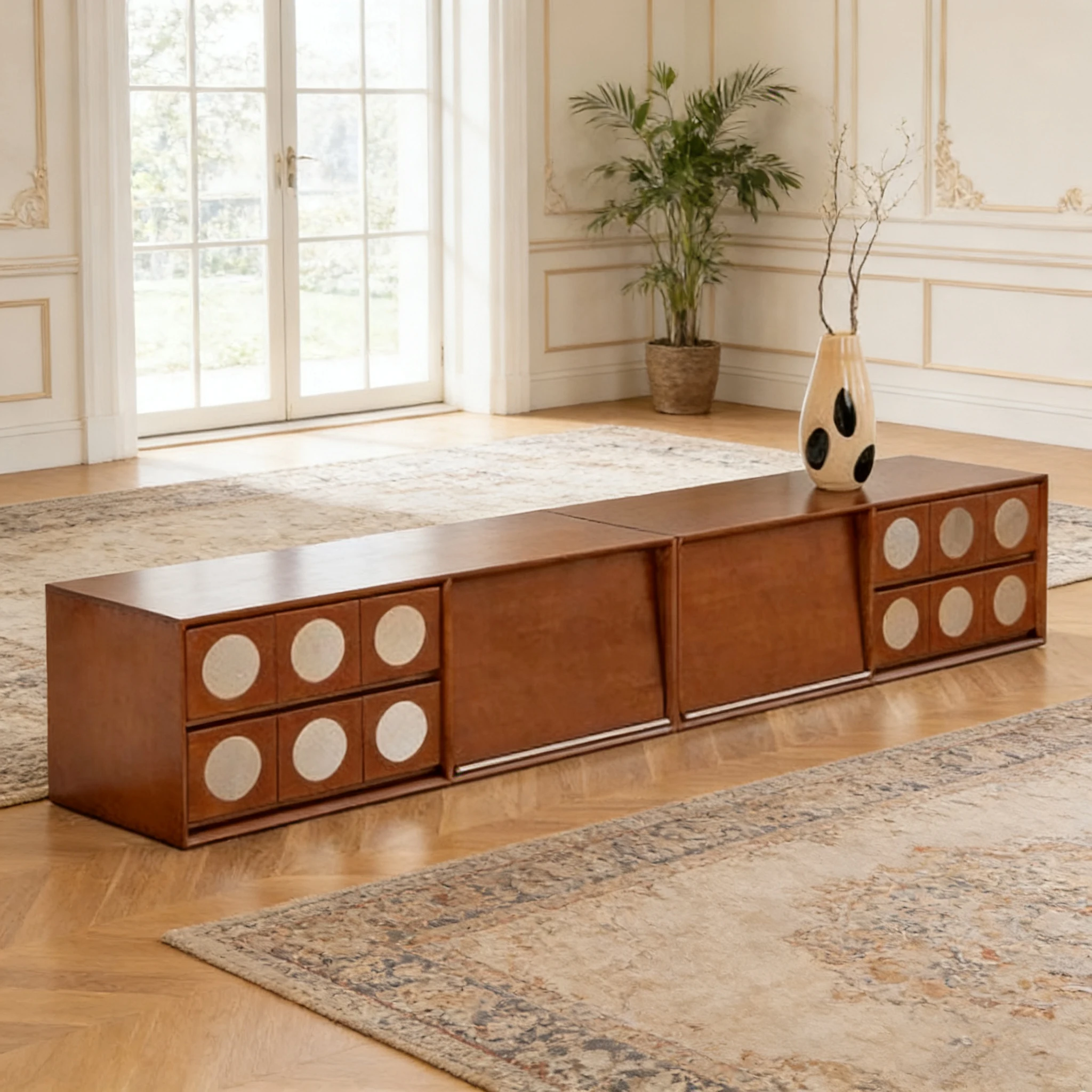 

High End Mid Century Statement TV Stand with Circular Inlay Details for Vintage Inspired Home